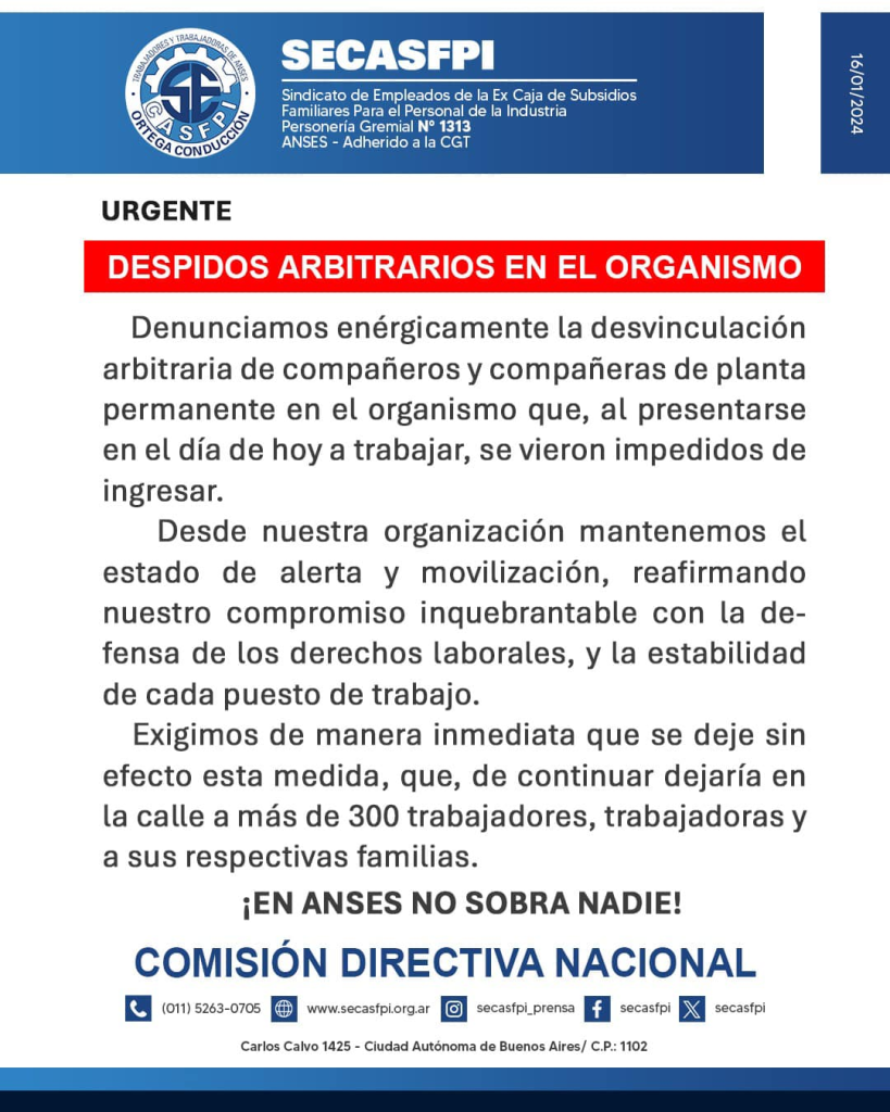 Denuncian 320 despidos en el organismo de ANSES