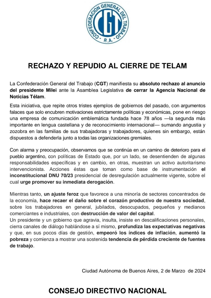 La CGT rechazó el anuncio de Milei sobre cerrar la Agencia de Noticias Télam