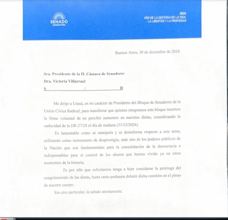 Senadores radicales pidieron a Villarruel la continuidad del congelamiento de las dietas