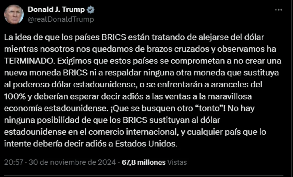 Trump amenaza con aranceles del 100% a los países BRICS si intentan crear una moneda rival al dólar