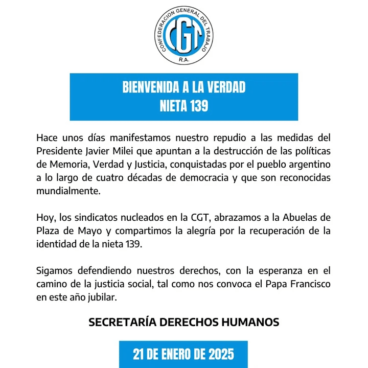 Dirigentes y partidos políticos celebraron la recuperación de la nieta 139 por parte de Abuelas de Plaza de Mayo