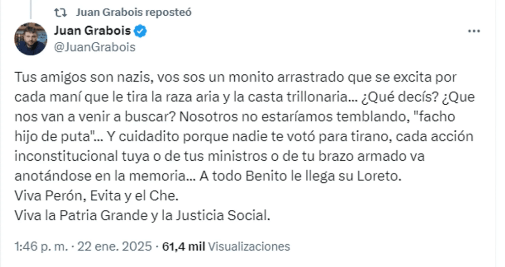 Juan Grabois cruzó a Javier Milei por su respaldo a Elon Musk: "Sos un monito arrastrado, facho hijo de p..."