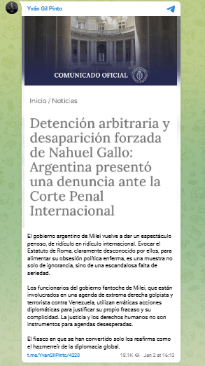 Venezuela denuncia Argentina CPI Corte penal internacional  gendarme Nicolás Gallo