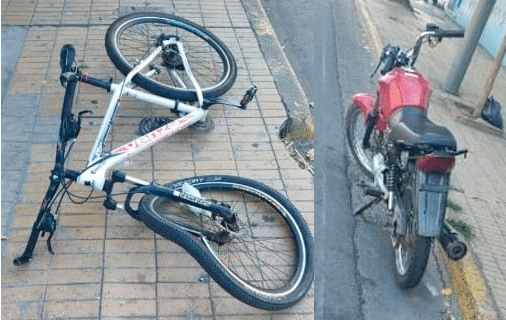 Accidente vial en Av. Moreno y Belgrano: colisionaron una motocicleta Honda CG Titan y una bicicleta