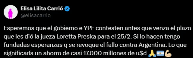 Elisa Carrió sobre la causa del vaciamiento de YPF: “Milei y Lijo tienen la obligación de entregar el expediente a Estados Unidos”