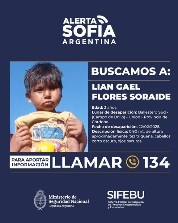 Activan Alerta Sofía por Liam Gael Flores Soraire, el niño desaparecido en Córdoba
