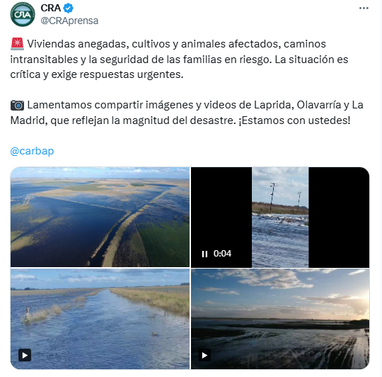 Confederaciones Rurales Argentinas manifestó su preocupación por las inundaciones en campos bonaerenses