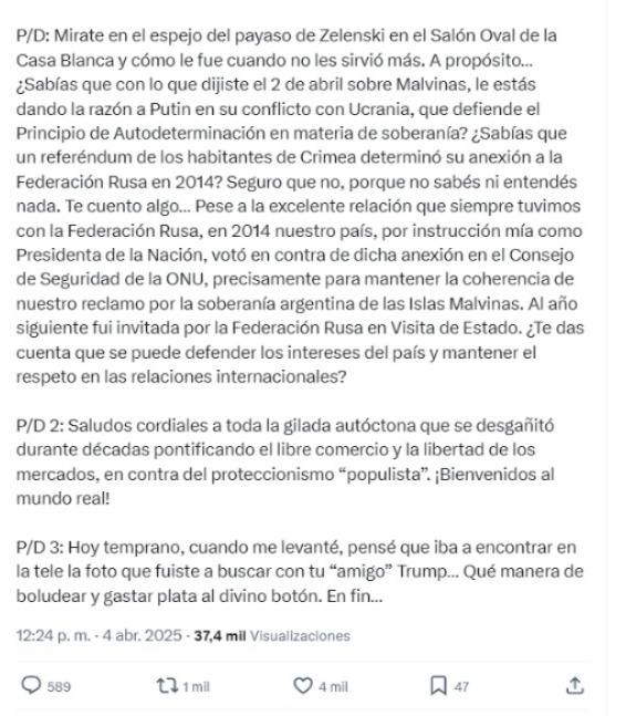 Malvinas País Cristina Kirchner estalló contra Milei