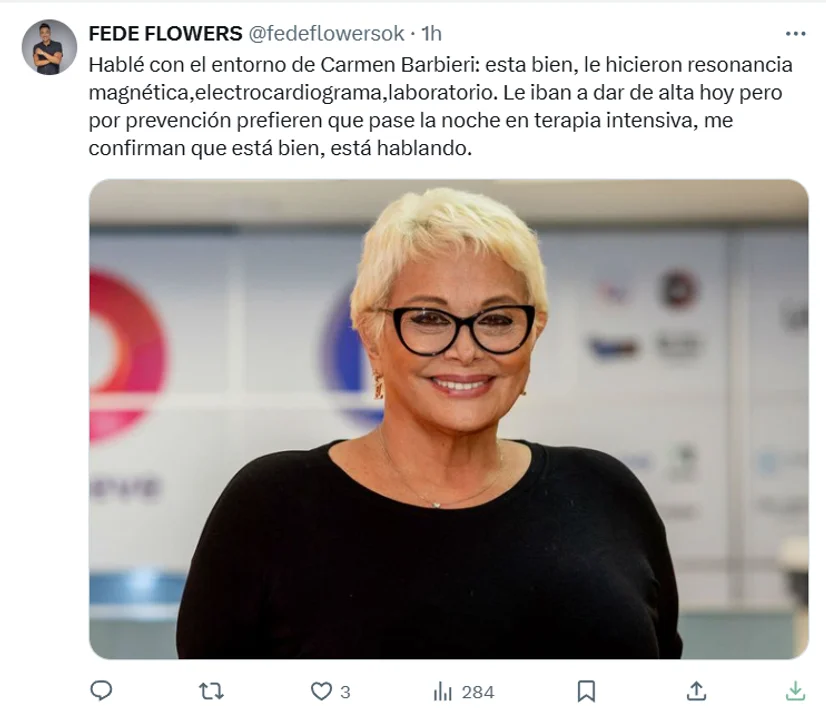 "Resonancia magnética, electrocardiograma y laboratorio”: internaron en terapia intensiva a Carmen Barbieri