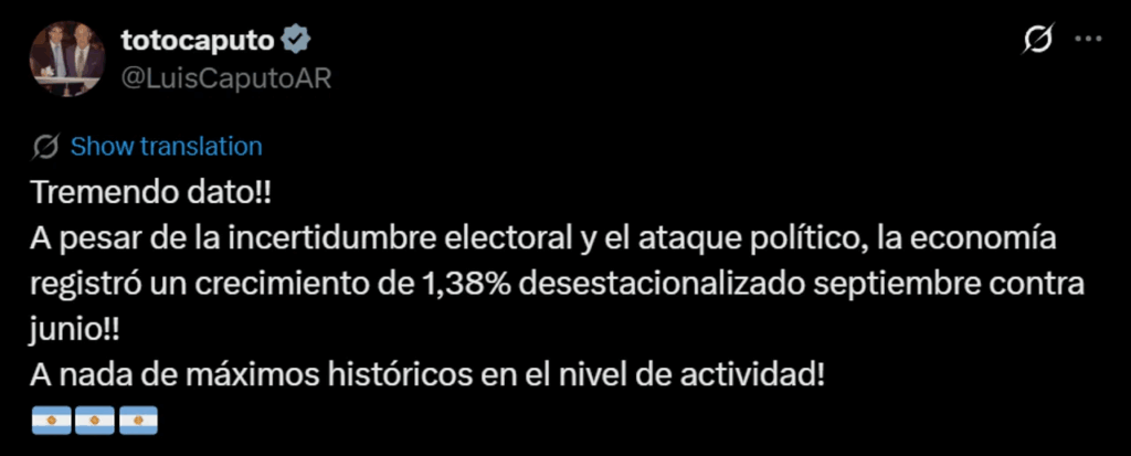 Luis Caputo celebró el dato de la actividad económica de septiembre