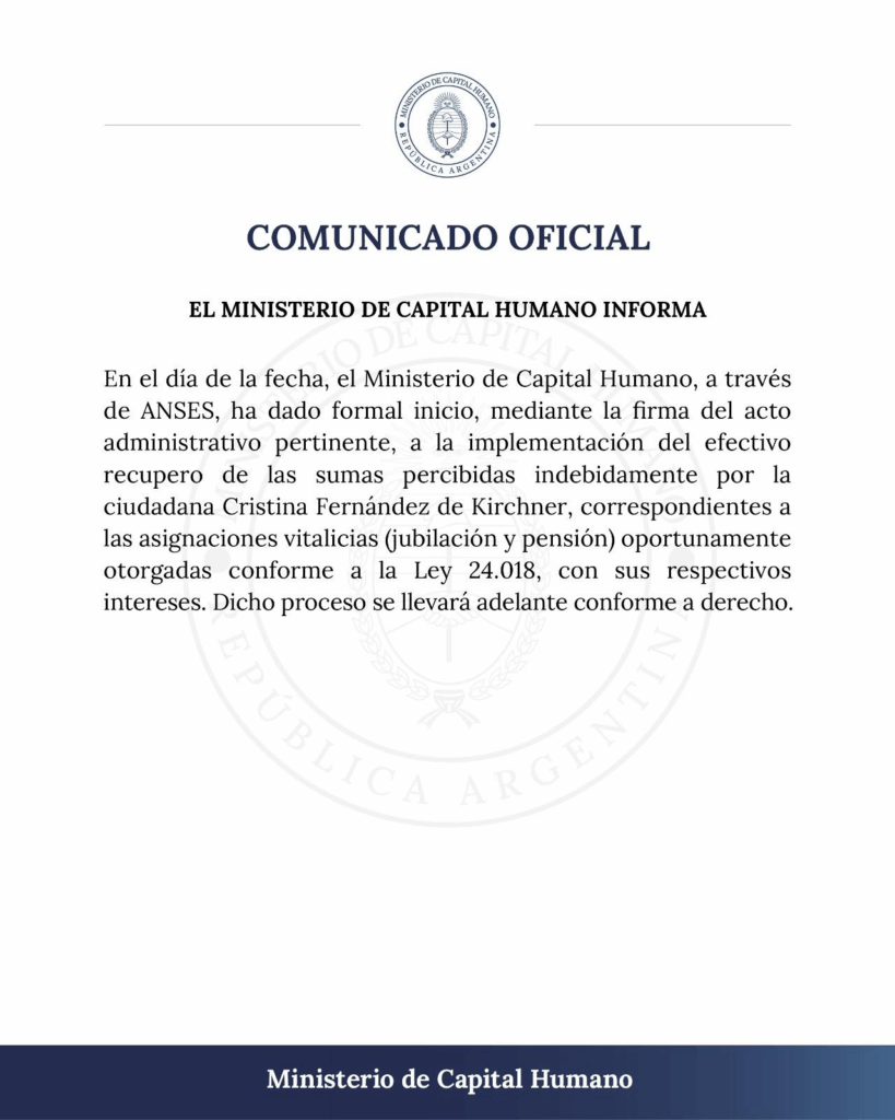 El Gobierno le notificó a Cristina Kirchner para que devuelva $1.000 millones percibidos por jubilación y pensión