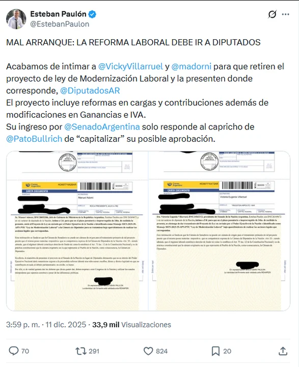 La oposición exige que la reforma laboral inicie su tratamiento por Diputados y no por el Senado