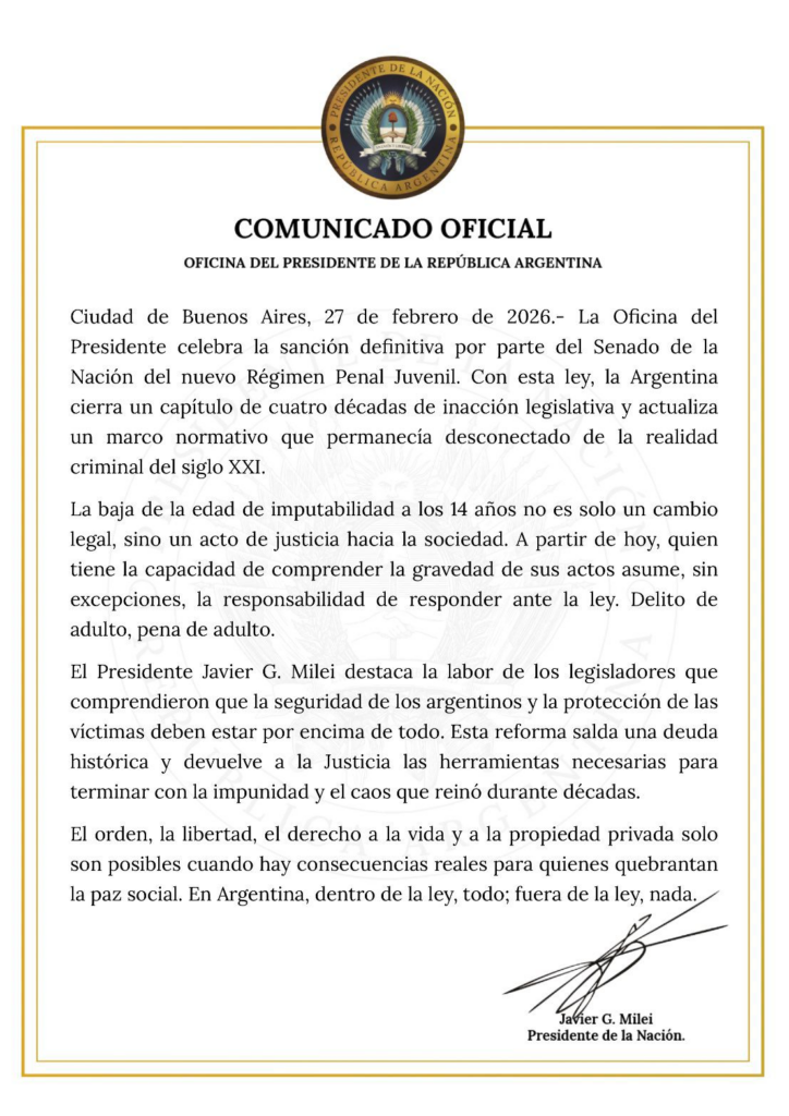 El Gobierno celebró la baja de la edad de imputabilidad: "Acto de justicia hacia la sociedad"