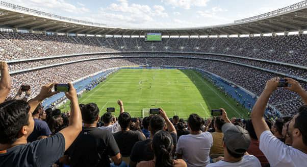 Aficionados graban el partido en un estadio lleno durante el día.
